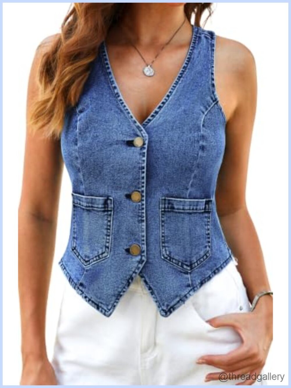 Cropped Denim Vest, High Stretch V-Neck Sleeveless Jean Vest with Pockets
